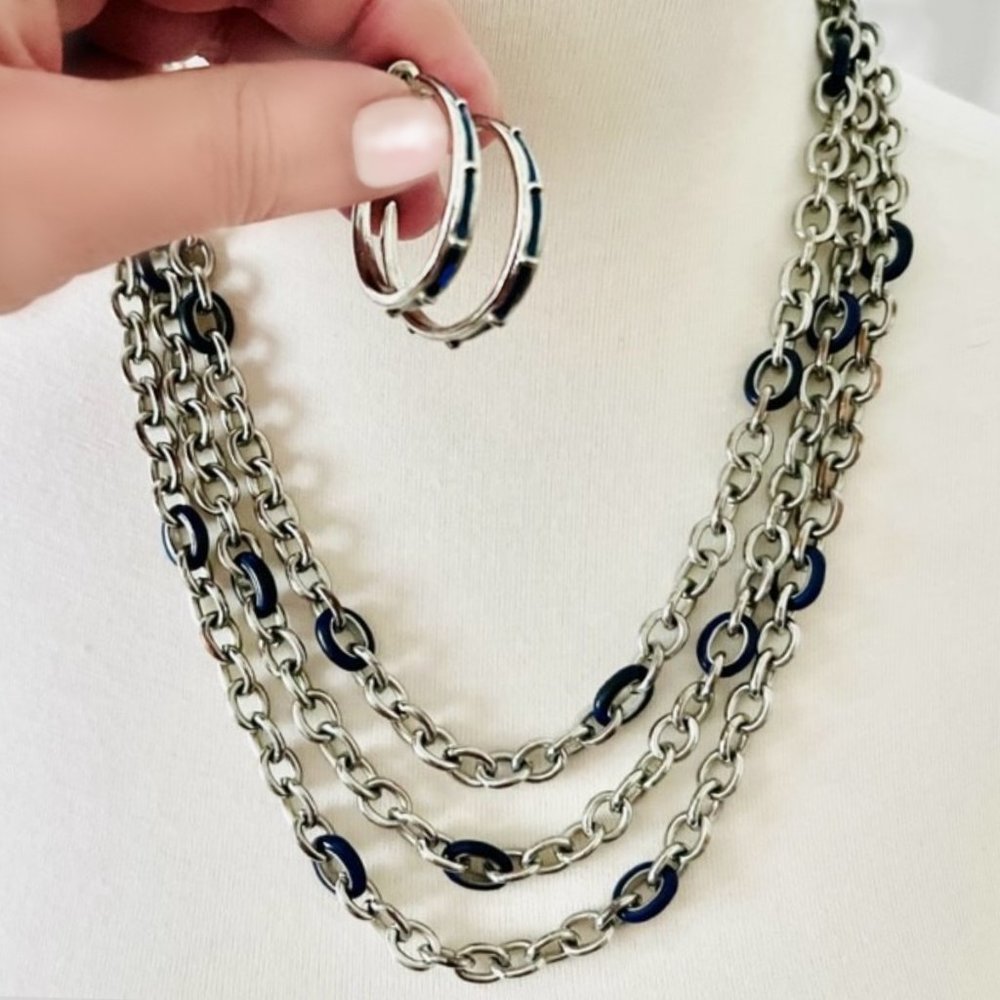 Silver Triple Strand Necklace And Hoop Earrings With Blue Accents